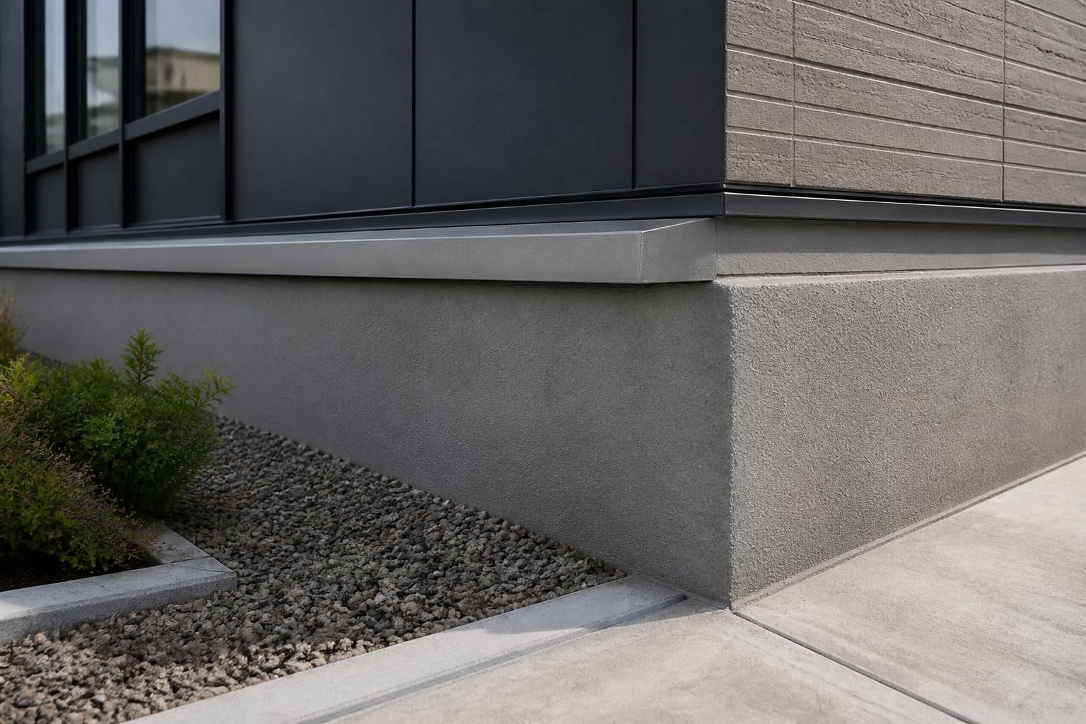 Commercial building exterior with a stable repaired foundation base.