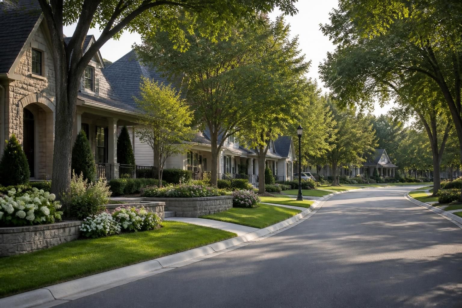 Planned community streetscape with elegant homes and mature trees.