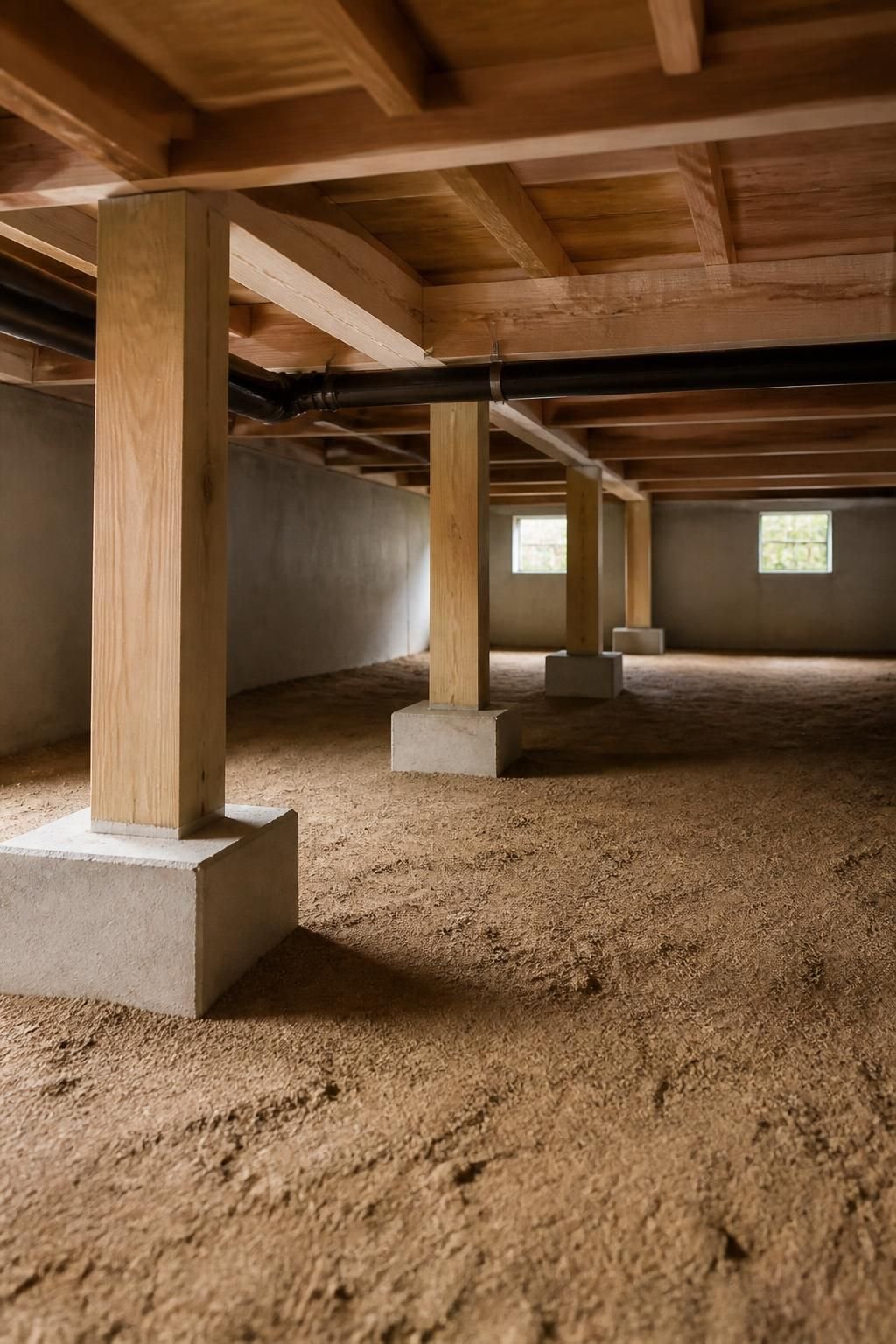 Clean crawl space with finished structural supports and orderly grading.