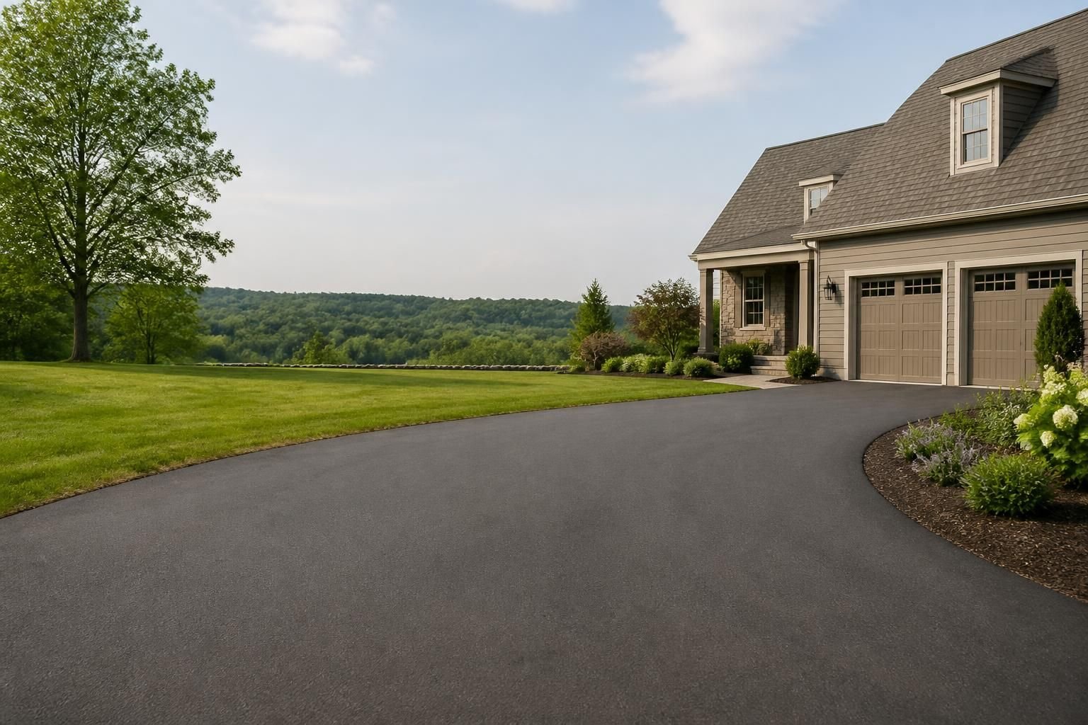 Residential exterior with a repaired driveway and open space for text.