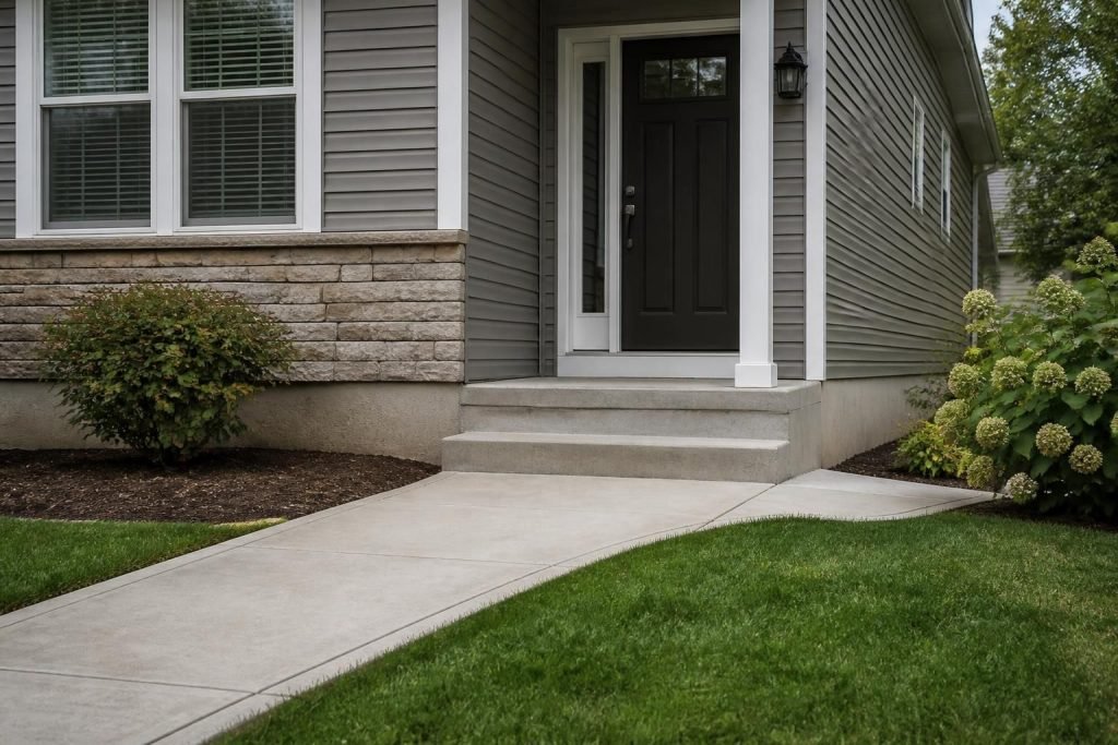 Suburban home exterior with a repaired foundation and finished concrete entry.