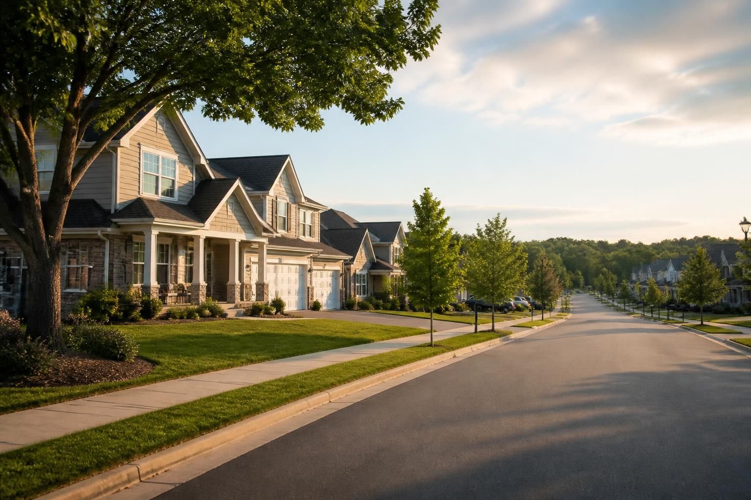 Suburban neighborhood with spacious homes and wide streets.