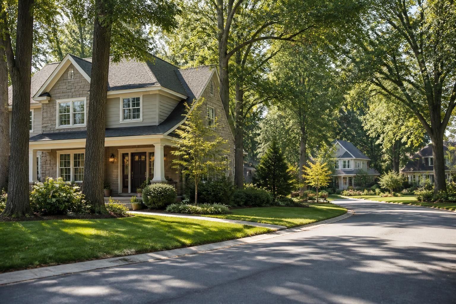 Wooded neighborhood with homes among mature trees and lawns.