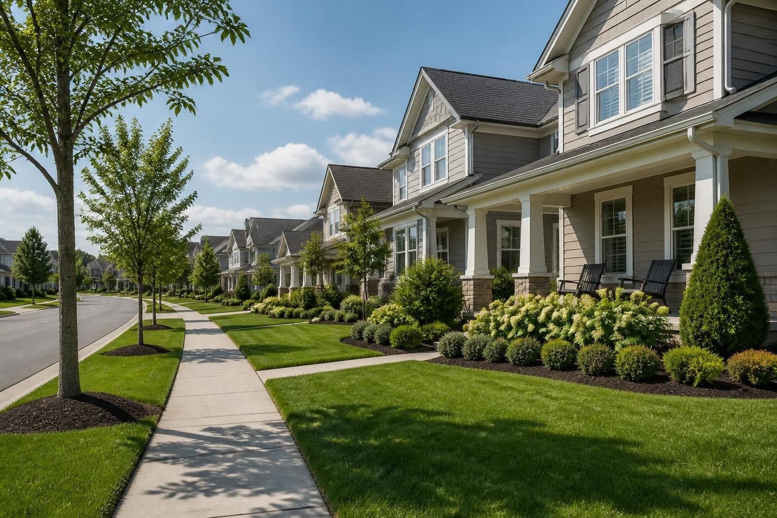 Master-planned neighborhood with polished homes and trimmed greenery.