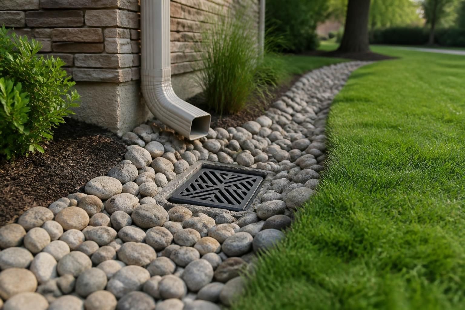 Finished landscape drainage with clean grading and healthy lawn edges.