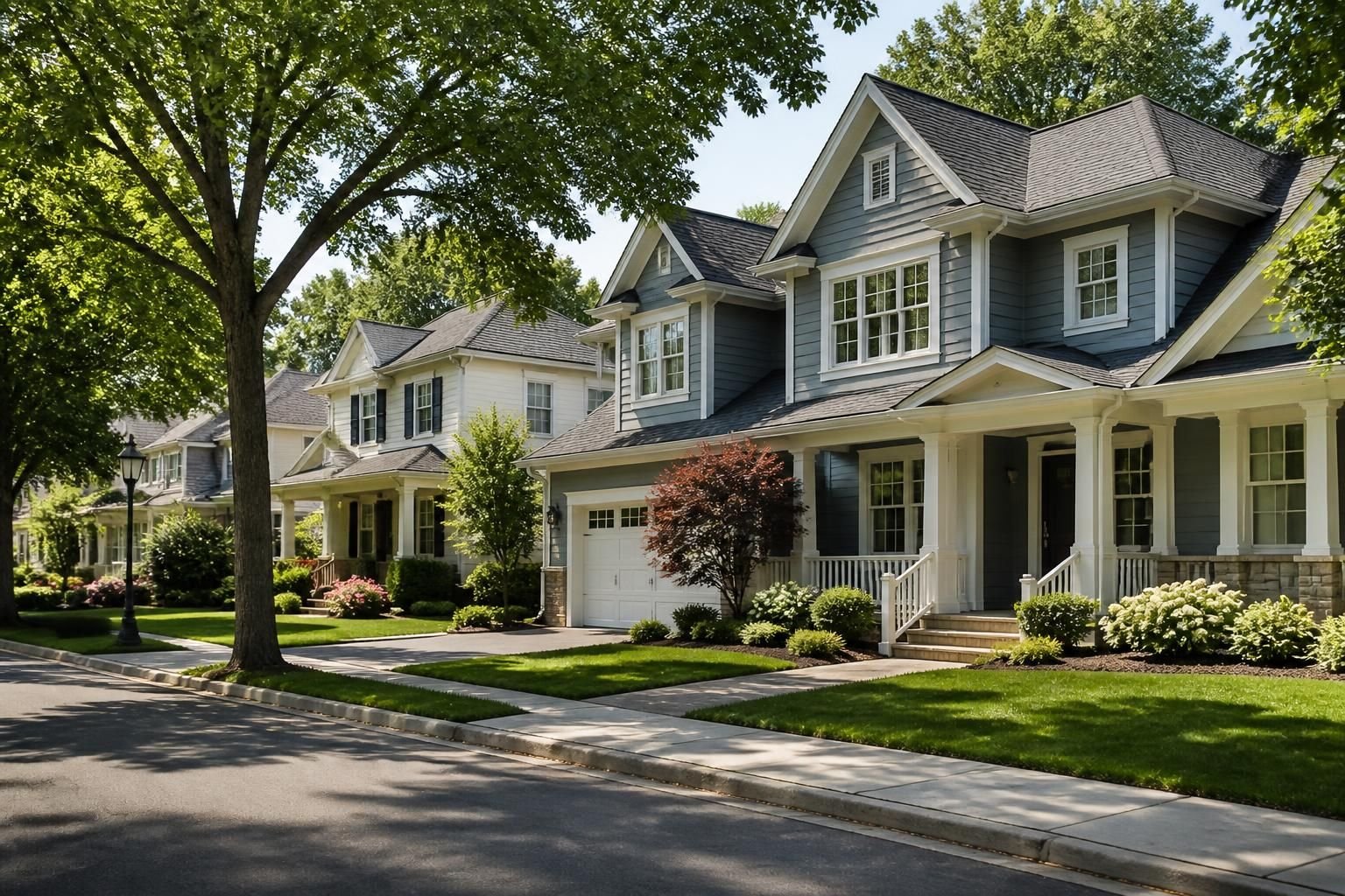 Well-kept suburban neighborhood with mature trees and clean streets.