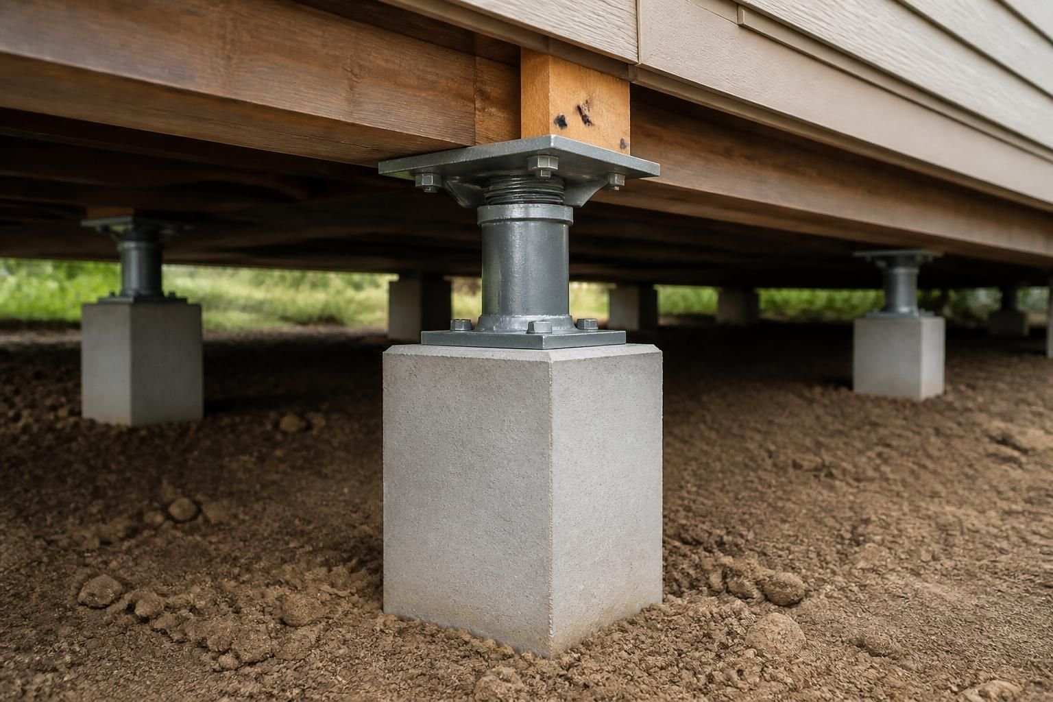 Installed support piers beneath a home foundation.