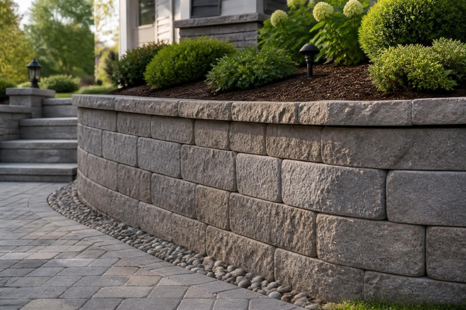 Finished retaining wall with clean blocks and landscaped grading.