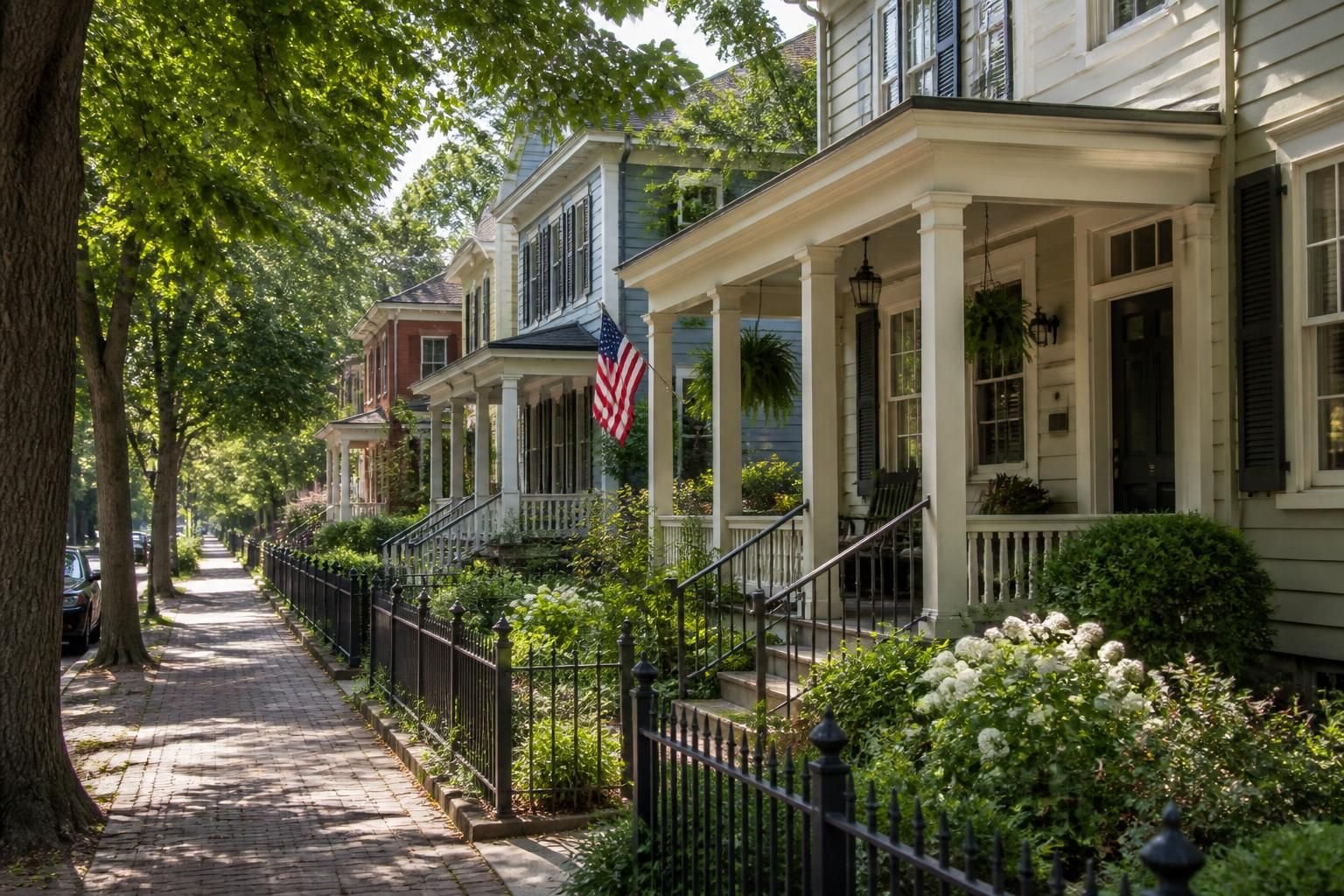 Historic neighborhood street with attractive homes and shaded sidewalks.