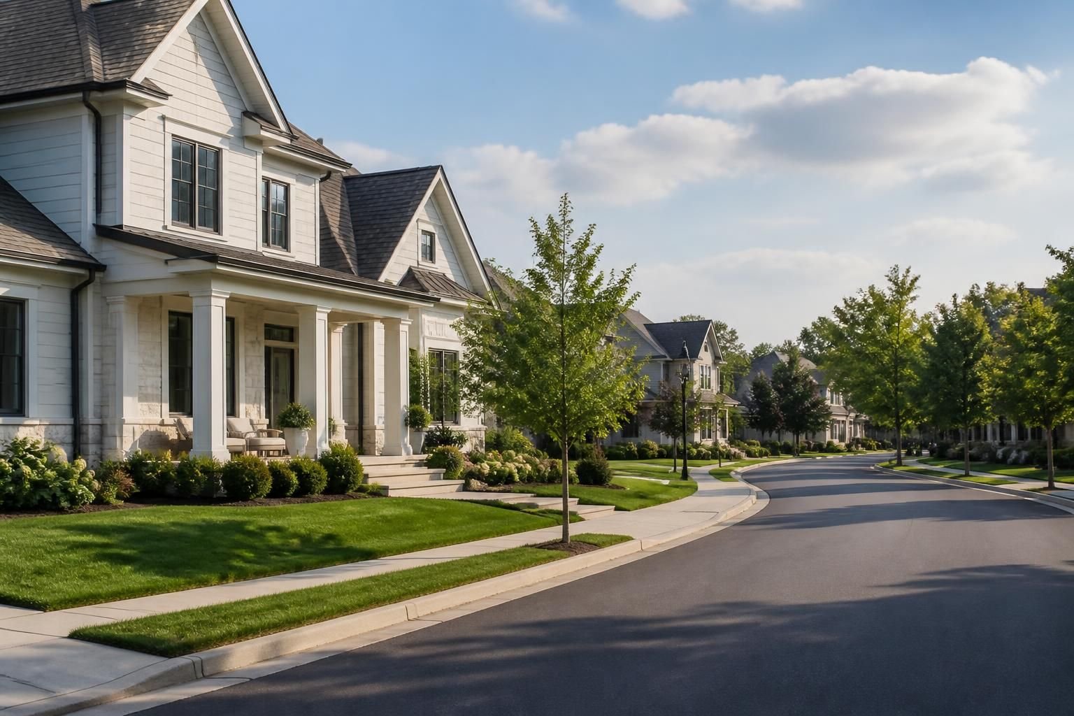 Upscale neighborhood with refined homes and neat landscaping.