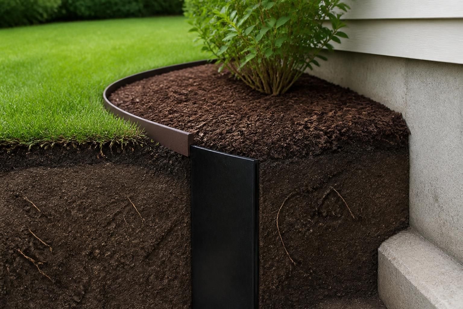 Finished landscape edge with underground root barrier protection.