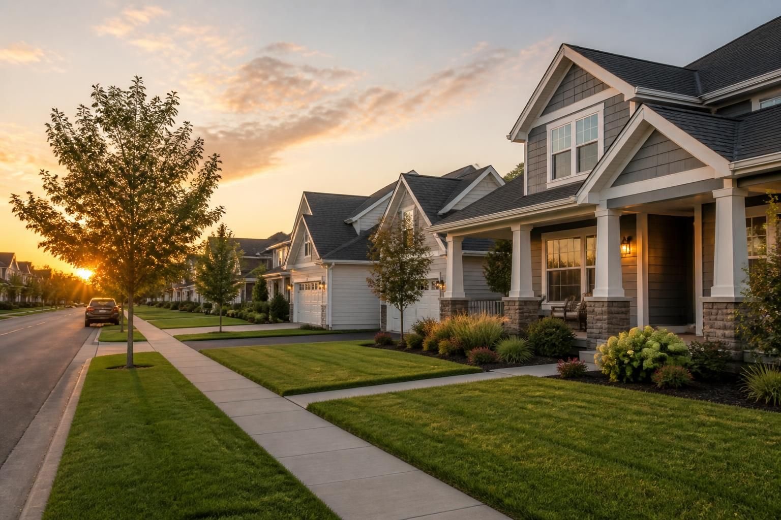 Suburban street with maintained homes and open lawns.
