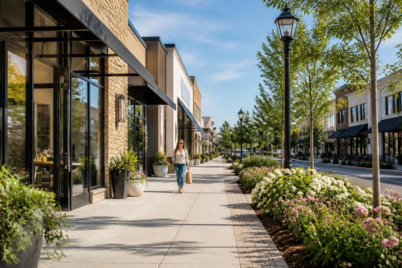 Tidy commercial corridor with modern buildings and landscaping.