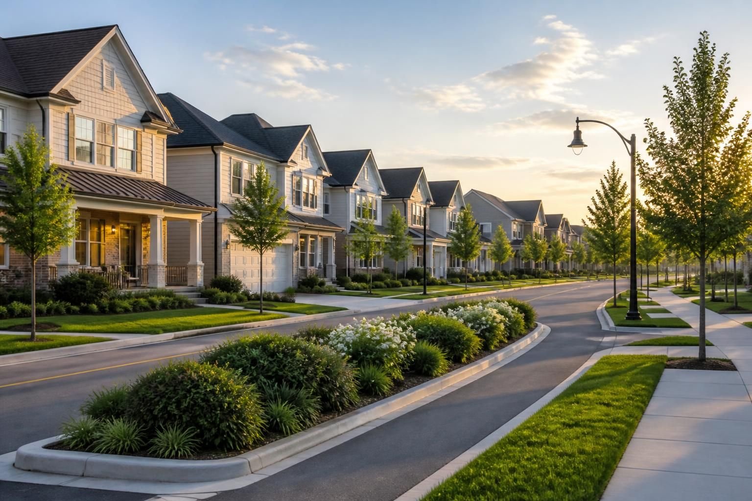 Master-planned community with attractive homes and green medians.