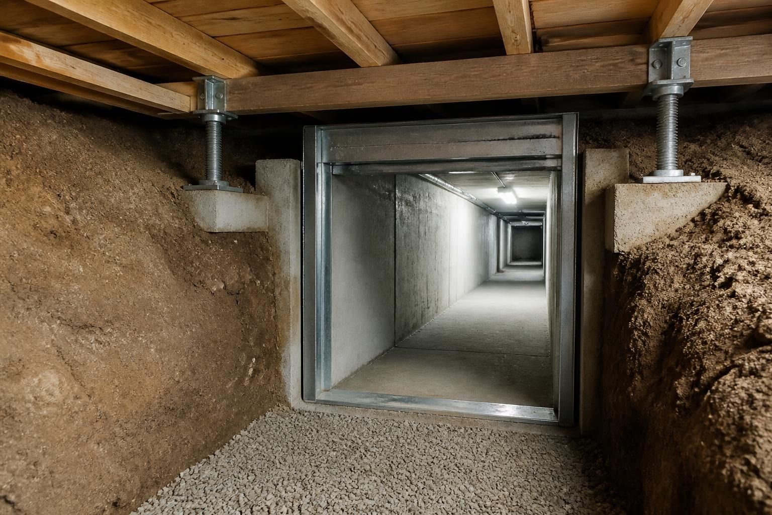 Tunneling access area beneath a home with stable foundation support.